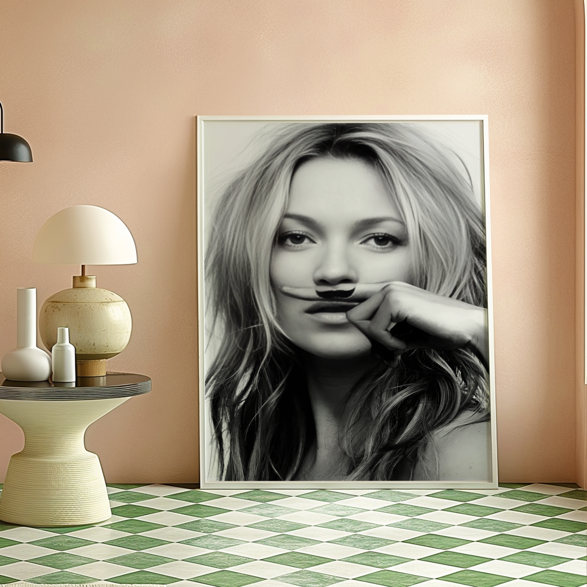 Retro Kate Moss Moustache Poster Prints | Girly Black and White Fashion Wall Art