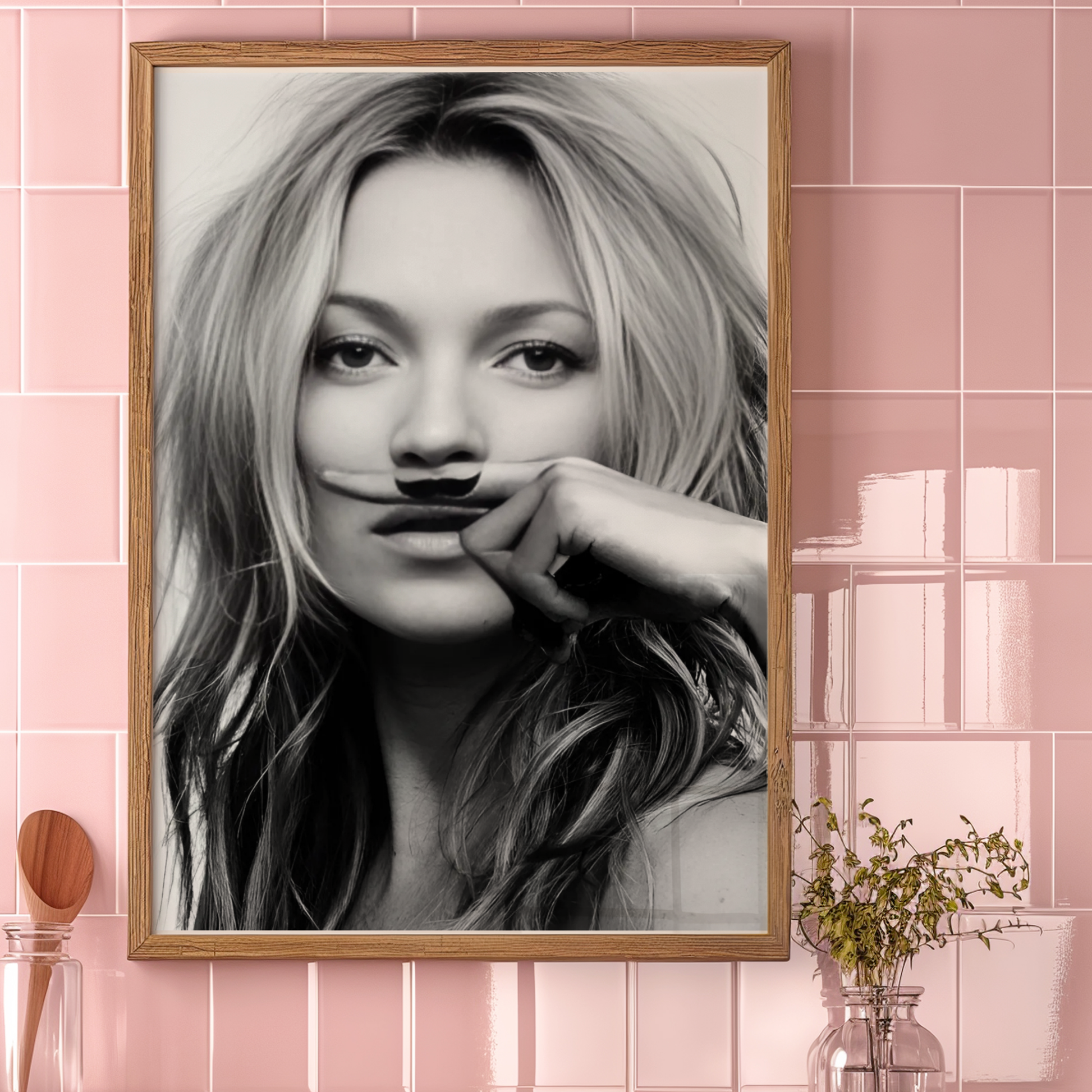 Retro Kate Moss Moustache Poster Prints | Girly Black and White Fashion Wall Art