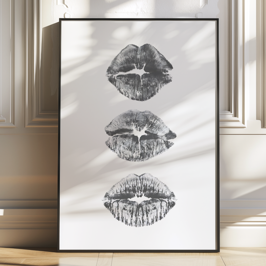 Retro Kiss Cool Girl Poster Prints | Girly Black and White Lips Fashion Wall Art
