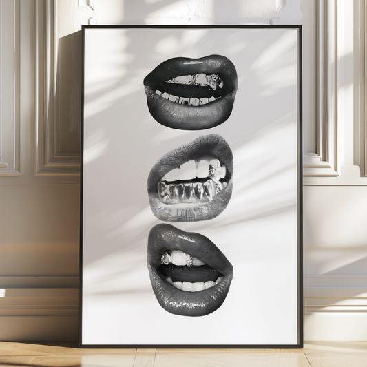 Retro Kiss Cool Girl Poster Prints | Girly Black and White Lips Fashion Wall Art