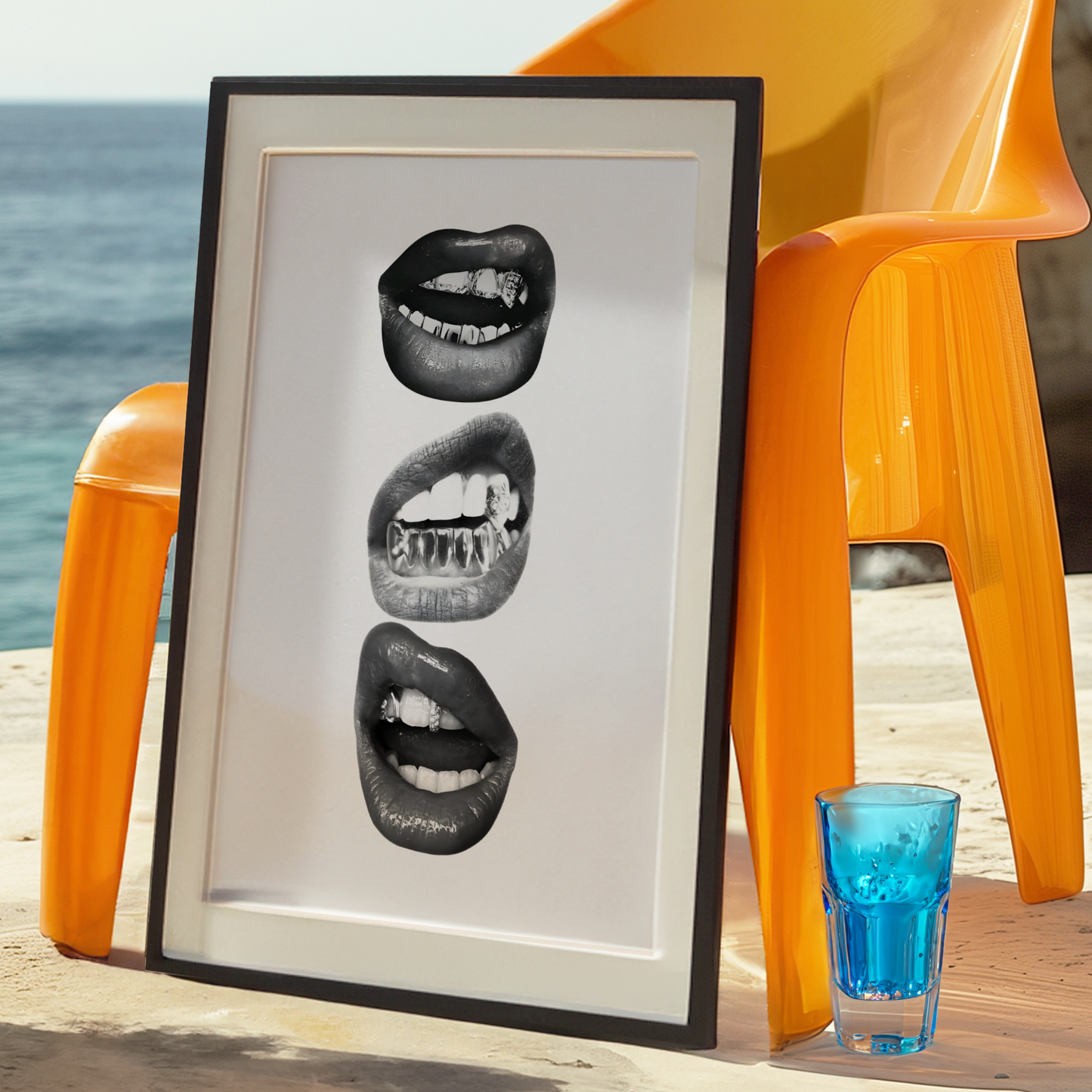 Retro Kiss Cool Girl Poster Prints | Girly Black and White Lips Fashion Wall Art