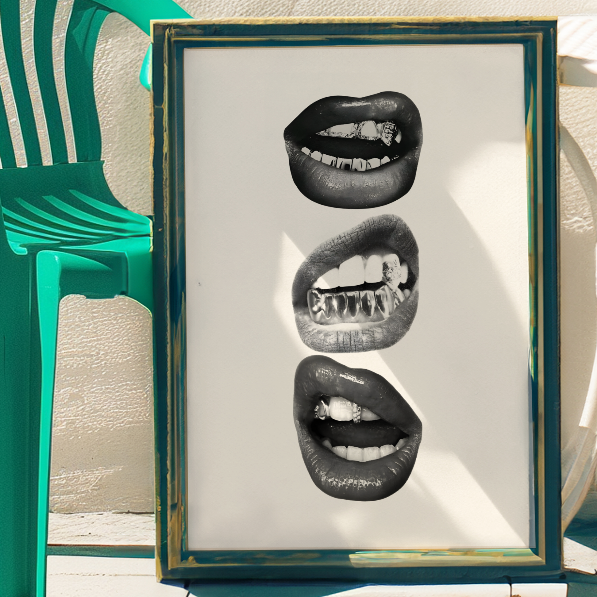 Retro Kiss Cool Girl Poster Prints | Girly Black and White Lips Fashion Wall Art