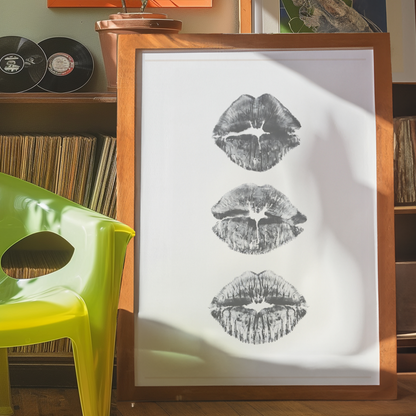 Retro Kiss Cool Girl Poster Prints | Girly Black and White Lips Fashion Wall Art