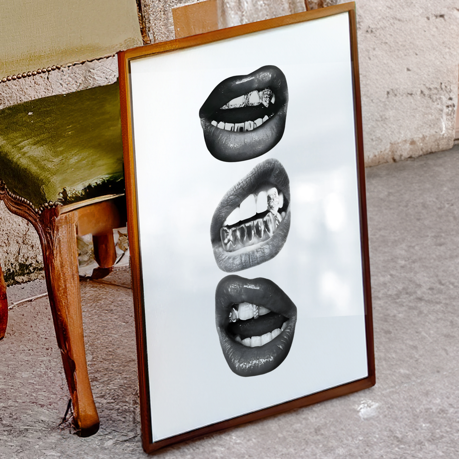Retro Kiss Cool Girl Poster Prints | Girly Black and White Lips Fashion Wall Art