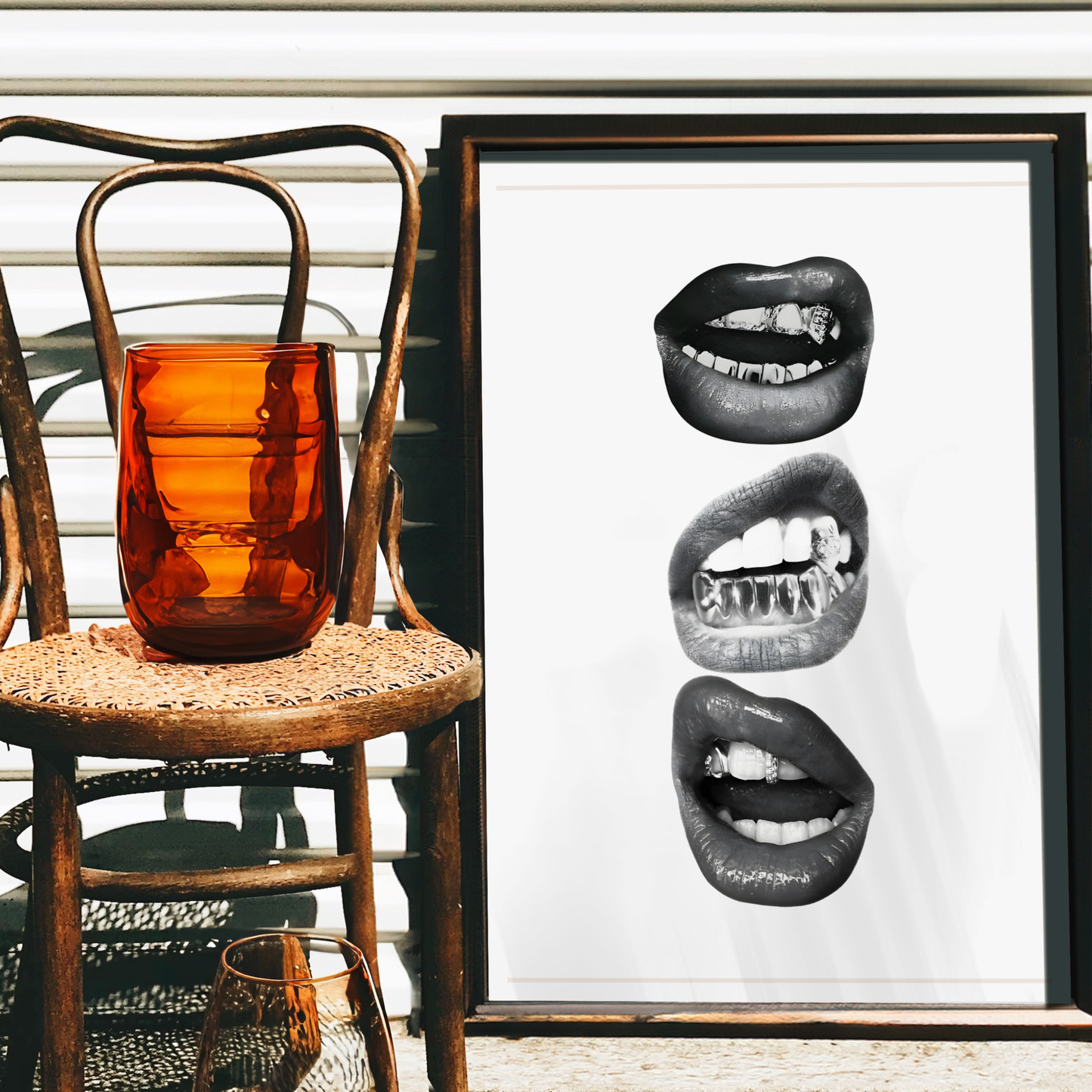 Retro Kiss Cool Girl Poster Prints | Girly Black and White Lips Fashion Wall Art