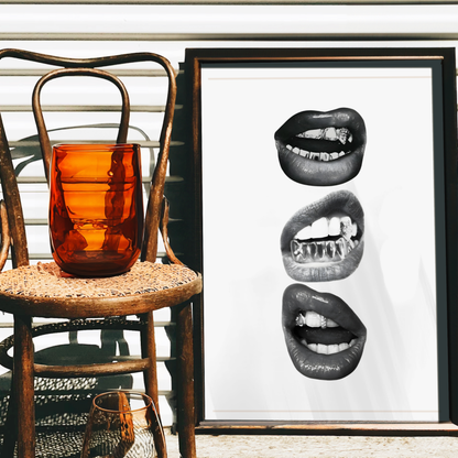 Retro Kiss Cool Girl Poster Prints | Girly Black and White Lips Fashion Wall Art