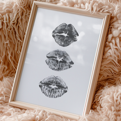 Retro Kiss Cool Girl Poster Prints | Girly Black and White Lips Fashion Wall Art
