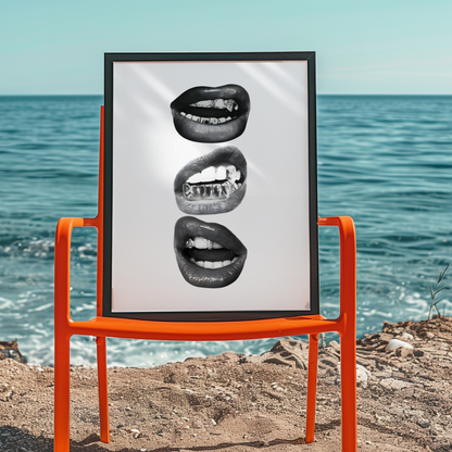 Retro Kiss Cool Girl Poster Prints | Girly Black and White Lips Fashion Wall Art