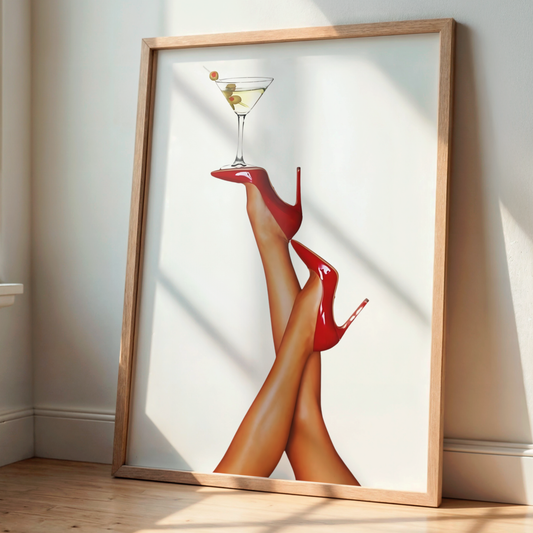 Retro Martini Cocktail Wall Art | Girly Red Heels Poster Prints