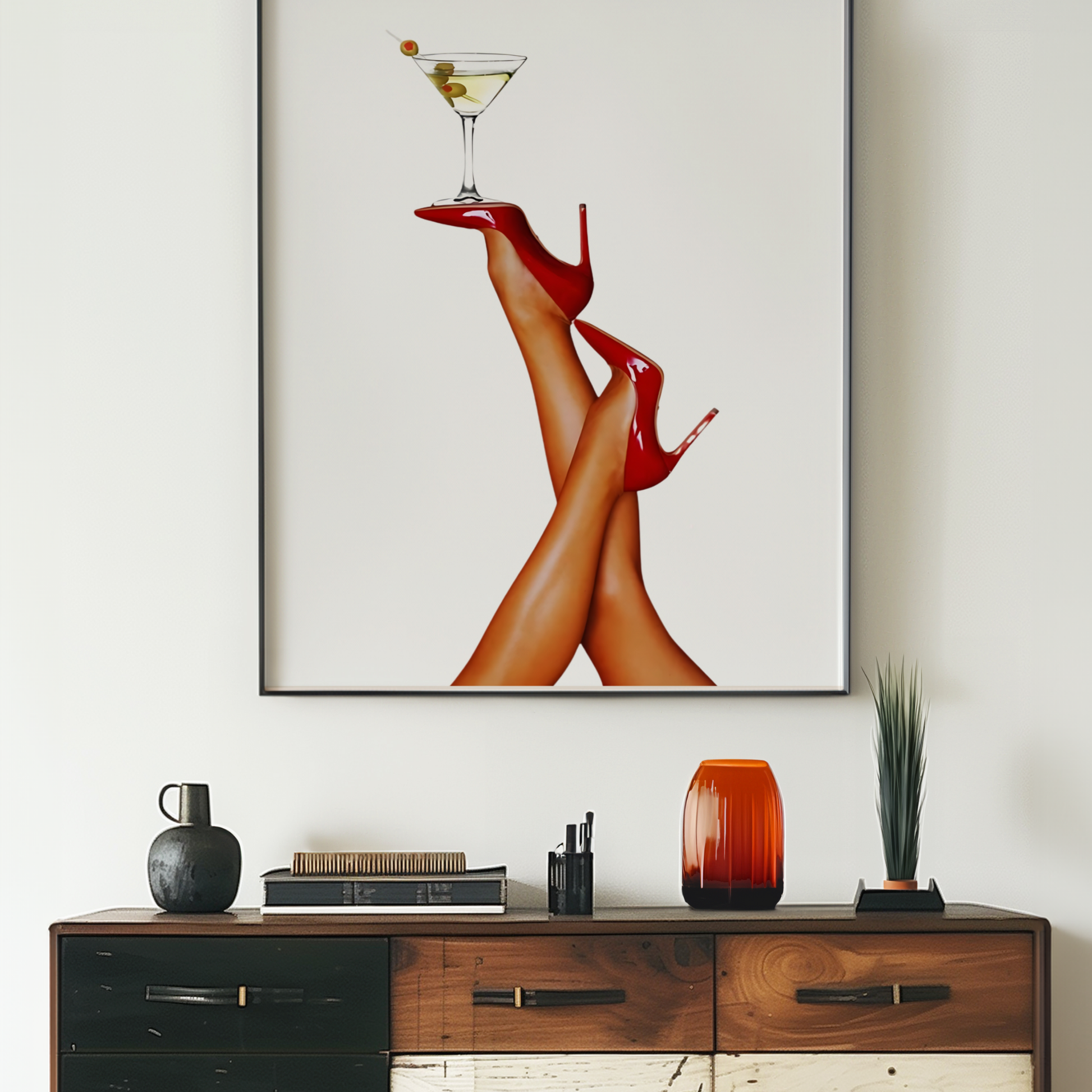 Retro Martini Cocktail Wall Art | Girly Red Heels Poster Prints