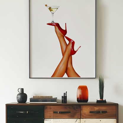 Retro Martini Cocktail Wall Art | Girly Red Heels Poster Prints