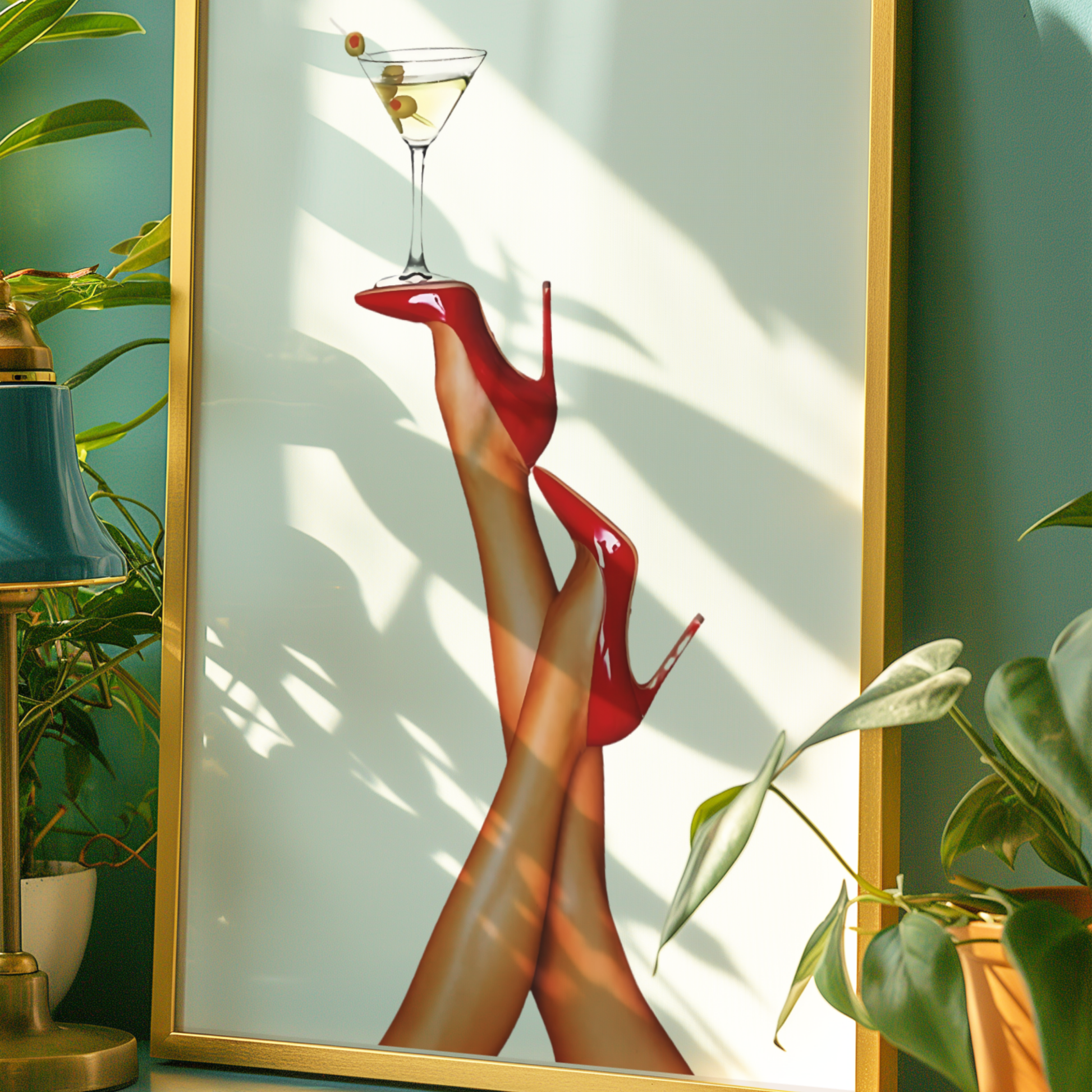 Retro Martini Cocktail Wall Art | Girly Red Heels Poster Prints