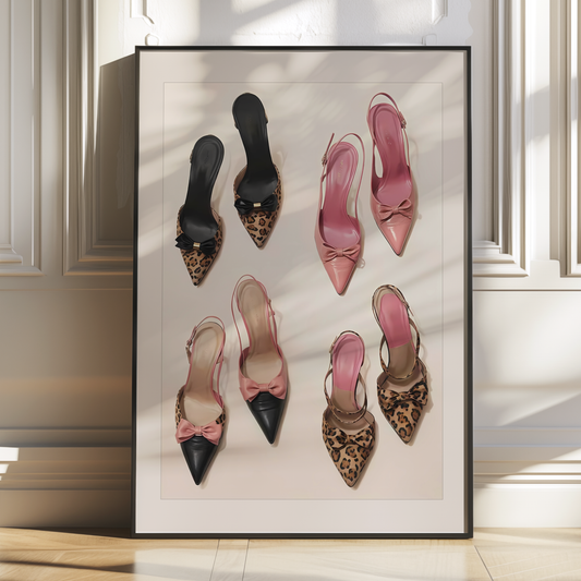 Retro Pink Leopard Heels Poster Prints | Girly Cheetah Wall Art