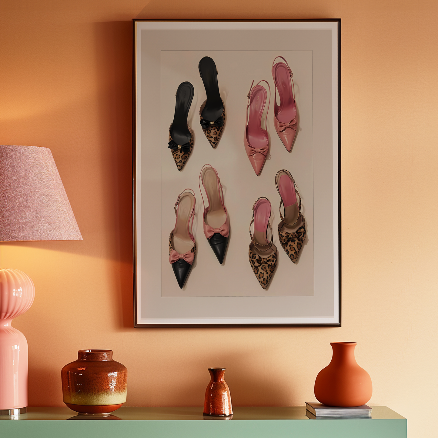 Retro Pink Leopard Heels Poster Prints | Girly Cheetah Wall Art