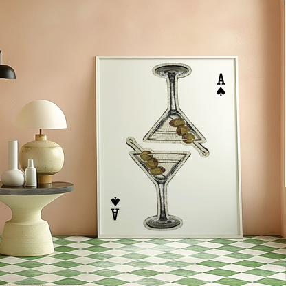 Retro Playing Card Poster Print | Girly Martini Cocktail Wall Art