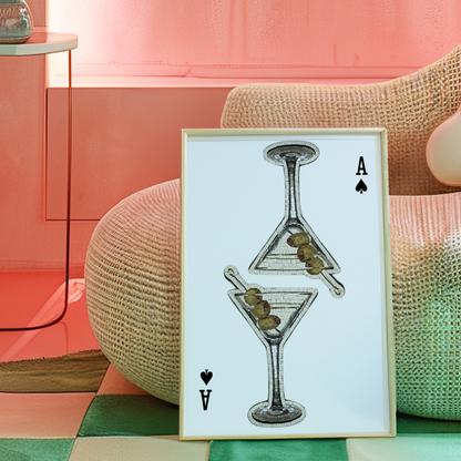 Retro Playing Card Poster Print | Girly Martini Cocktail Wall Art