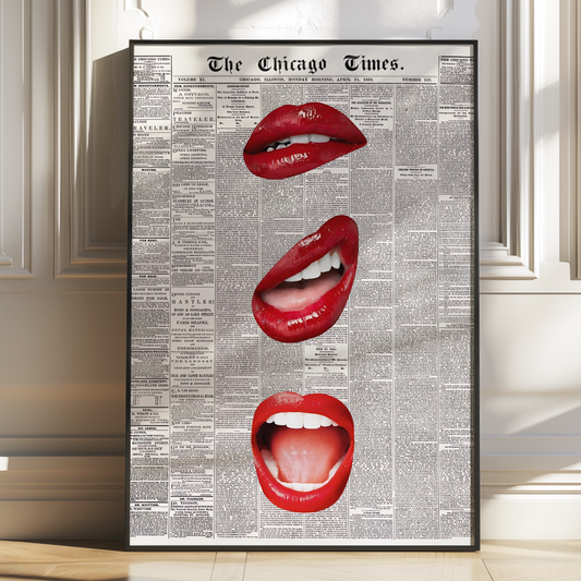 Retro Red Kiss Newspaper Poster Prints | Girly Black and White Lips Fashion Wall Art