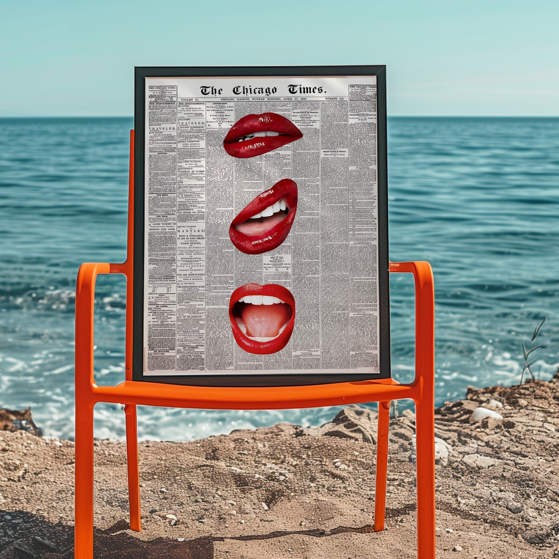 Retro Red Kiss Newspaper Poster Prints | Girly Black and White Lips Fashion Wall Art