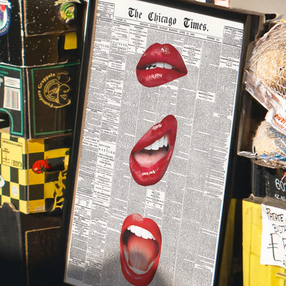 Retro Red Kiss Newspaper Poster Prints | Girly Black and White Lips Fashion Wall Art