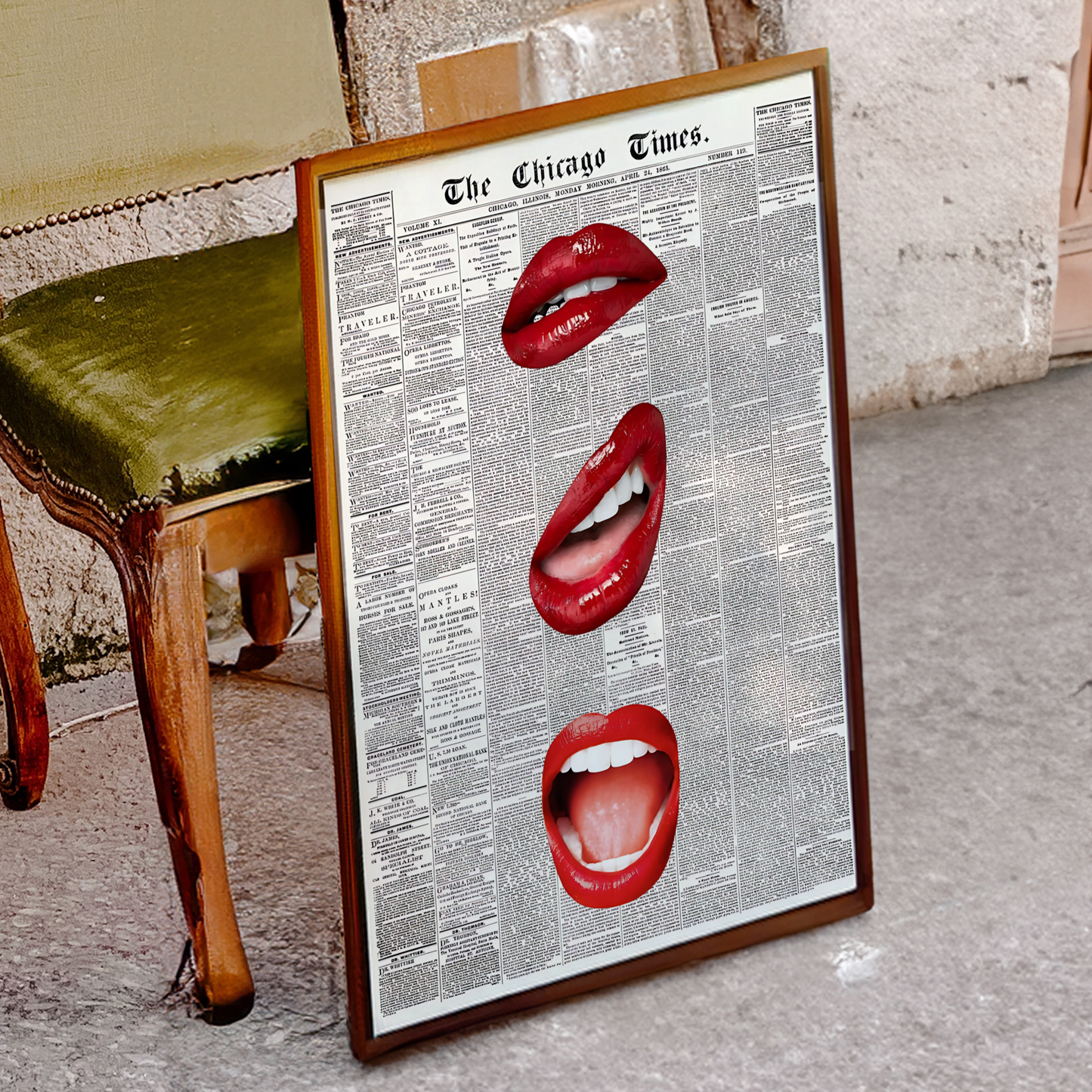 Retro Red Kiss Newspaper Poster Prints | Girly Black and White Lips Fashion Wall Art