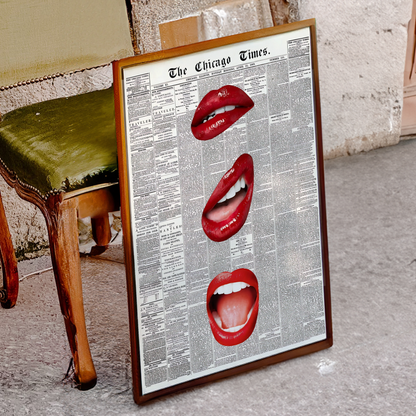 Retro Red Kiss Newspaper Poster Prints | Girly Black and White Lips Fashion Wall Art