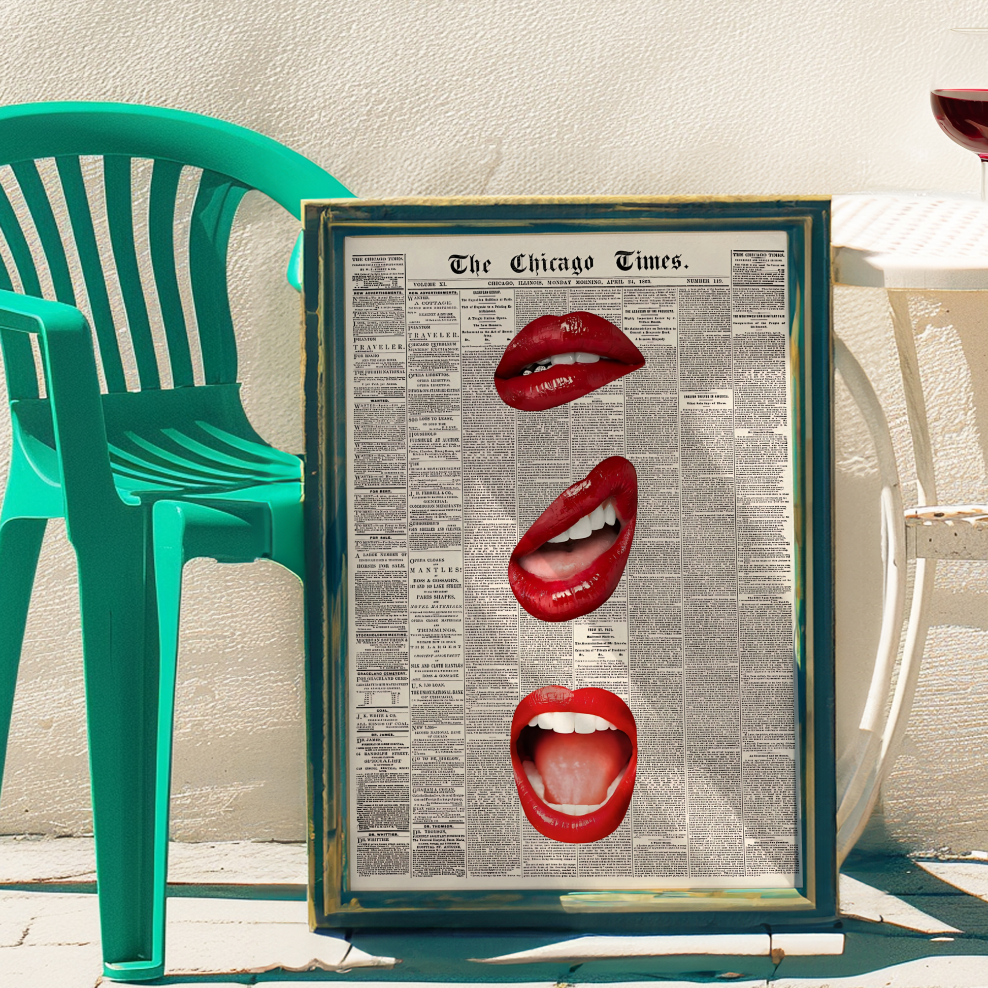 Retro Red Kiss Newspaper Poster Prints | Girly Black and White Lips Fashion Wall Art
