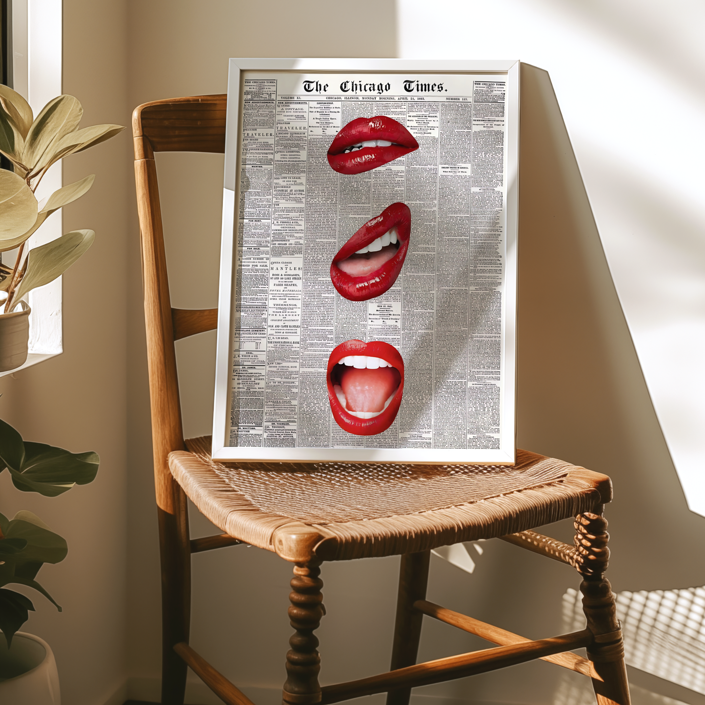 Retro Red Kiss Newspaper Poster Prints | Girly Black and White Lips Fashion Wall Art