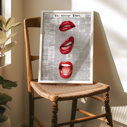 Retro Red Kiss Newspaper Poster Prints | Girly Black and White Lips Fashion Wall Art
