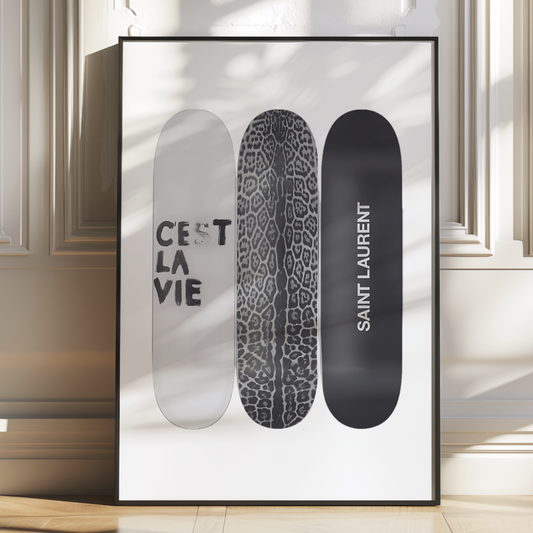 Retro Skateboard Poster Prints | Girly Black and White Cest La Vie Fashion Wall Art