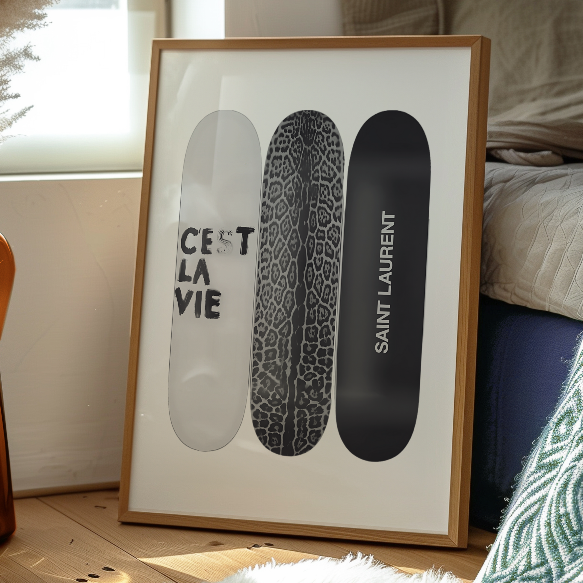 Retro Skateboard Poster Prints | Girly Black and White Cest La Vie Fashion Wall Art