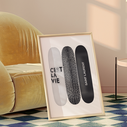 Retro Skateboard Poster Prints | Girly Black and White Cest La Vie Fashion Wall Art