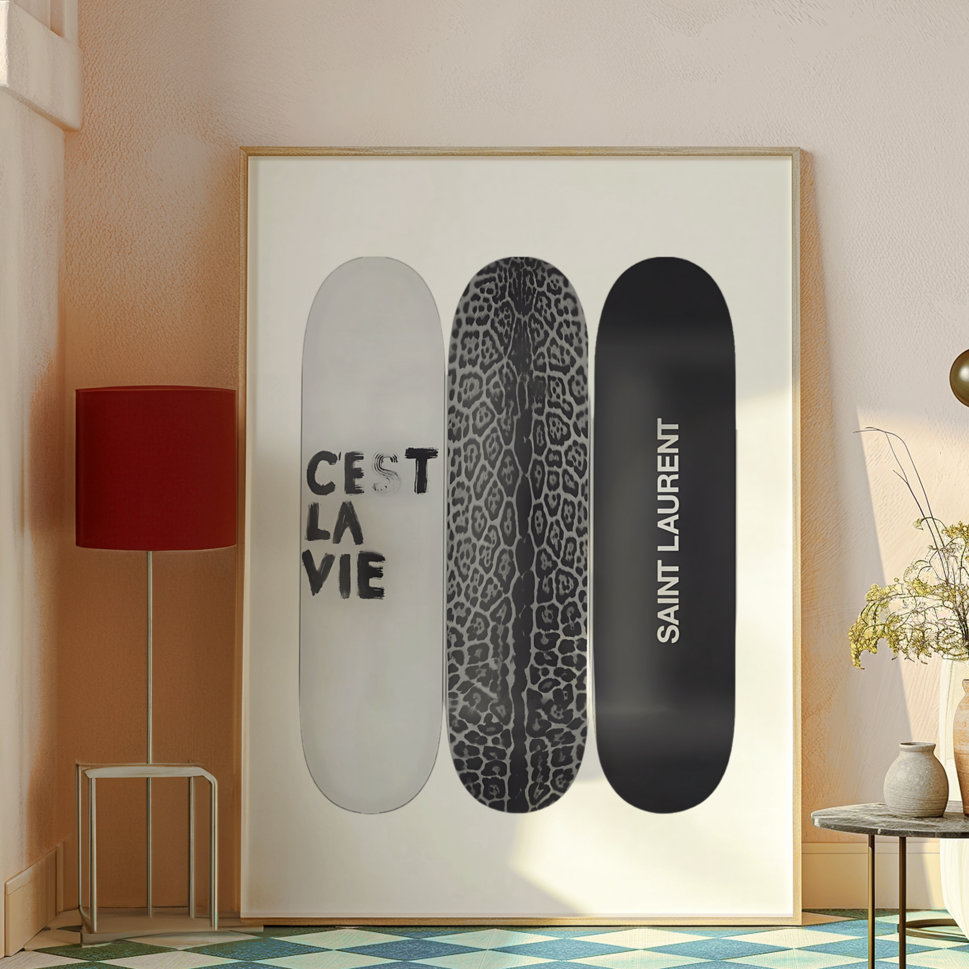 Retro Skateboard Poster Prints | Girly Black and White Cest La Vie Fashion Wall Art