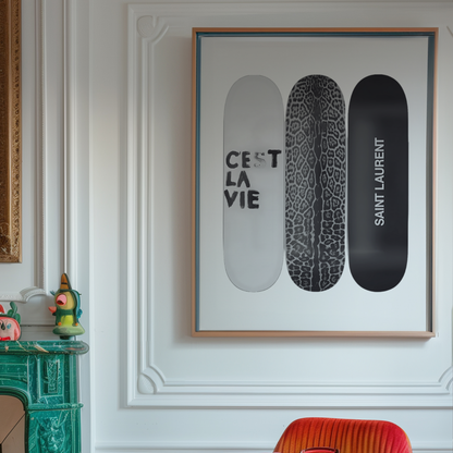 Retro Skateboard Poster Prints | Girly Black and White Cest La Vie Fashion Wall Art