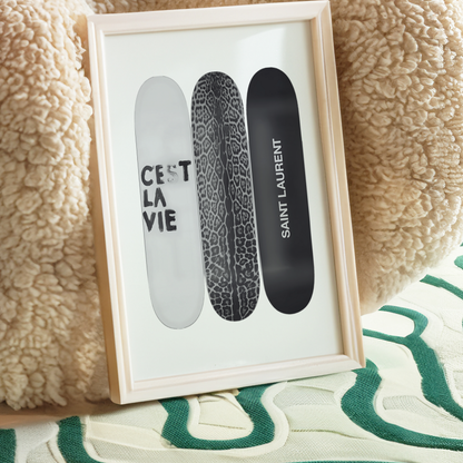 Retro Skateboard Poster Prints | Girly Black and White Cest La Vie Fashion Wall Art