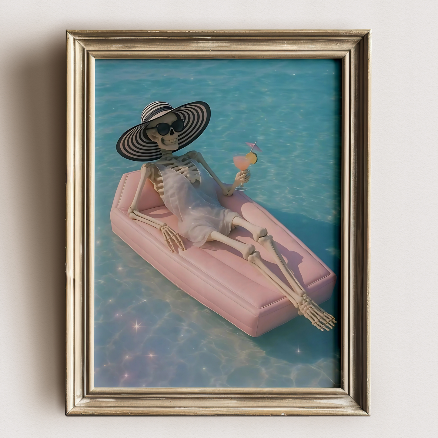 Retro Skeleton is Drinking Martini in a Pool Digital Print | Spooky Printable Photography Poster | Skull Wall Art for Blue Halloween Decor