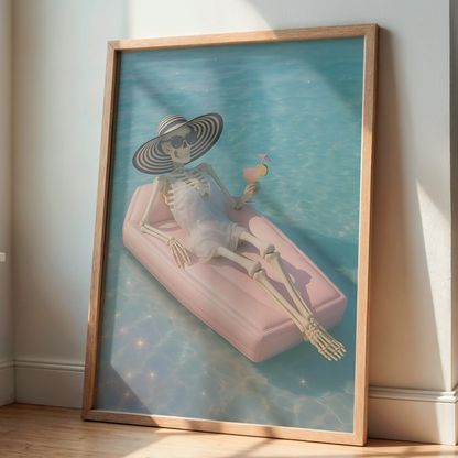 Retro Skeleton is Drinking Martini in a Pool Digital Print | Spooky Printable Photography Poster | Skull Wall Art for Blue Halloween Decor