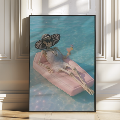 Retro Skeleton is Drinking Martini in a Pool Digital Print | Spooky Printable Photography Poster | Skull Wall Art for Blue Halloween Decor