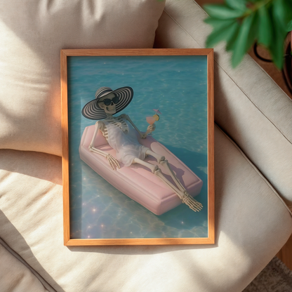 Retro Skeleton is Drinking Martini in a Pool Digital Print | Spooky Printable Photography Poster | Skull Wall Art for Blue Halloween Decor