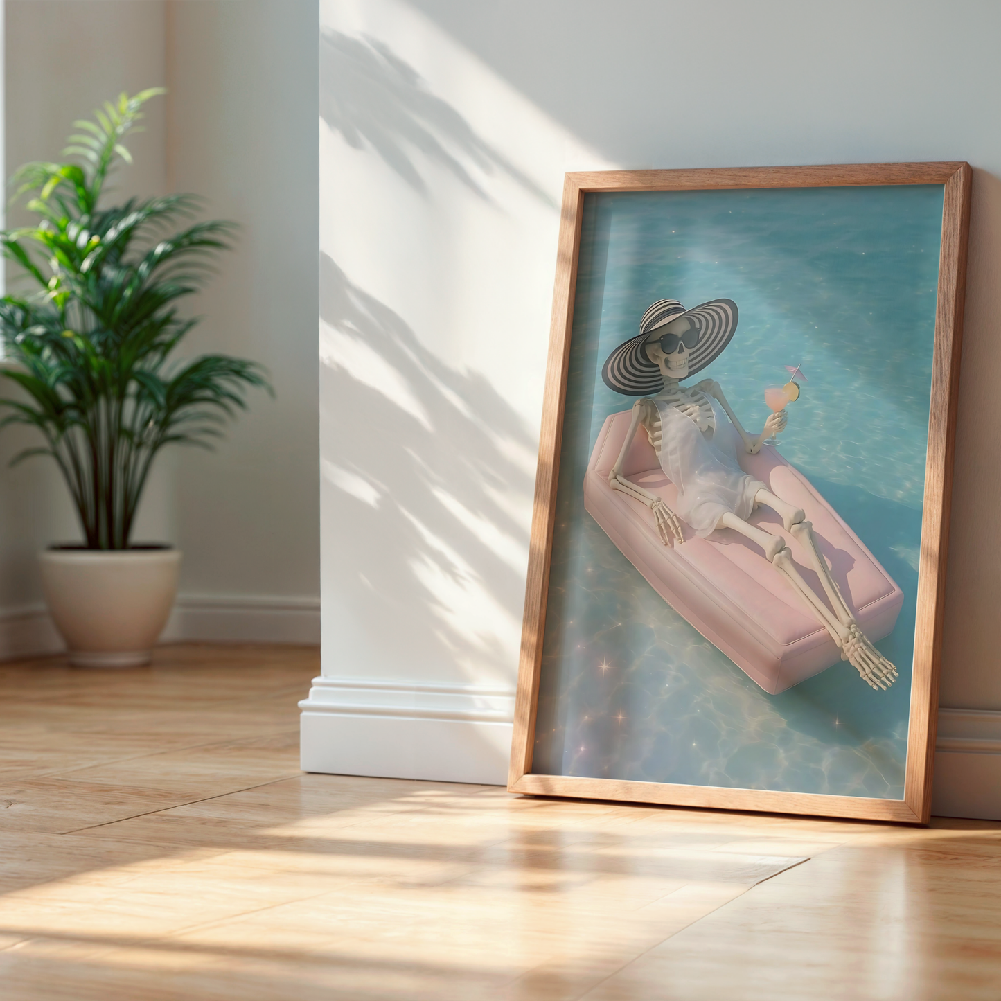 Retro Skeleton is Drinking Martini in a Pool Digital Print | Spooky Printable Photography Poster | Skull Wall Art for Blue Halloween Decor