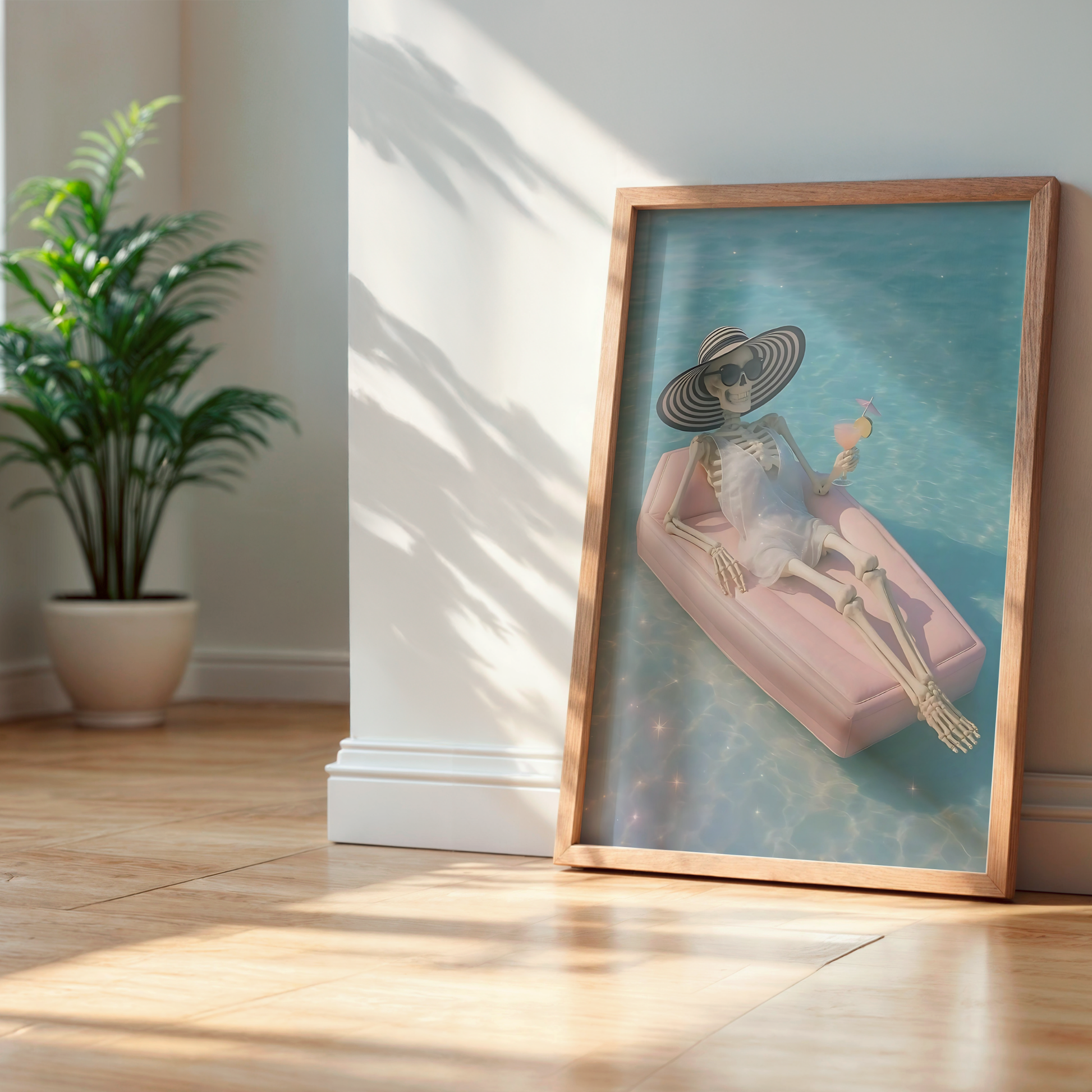 Retro Skeleton is Drinking Martini in a Pool Digital Print | Spooky Printable Photography Poster | Skull Wall Art for Blue Halloween Decor