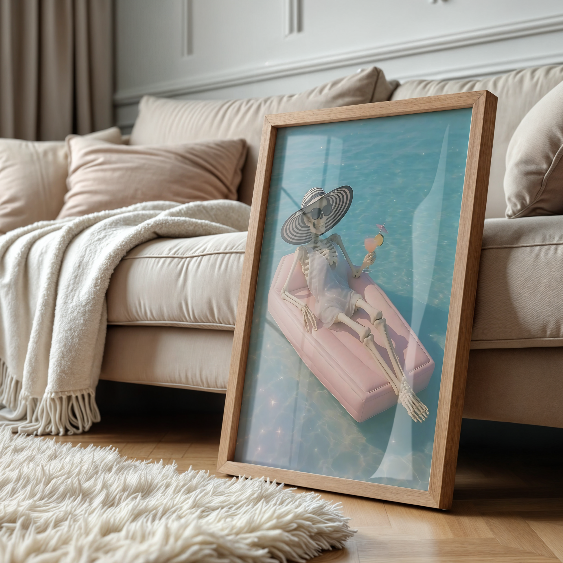 Retro Skeleton is Drinking Martini in a Pool Digital Print | Spooky Printable Photography Poster | Skull Wall Art for Blue Halloween Decor