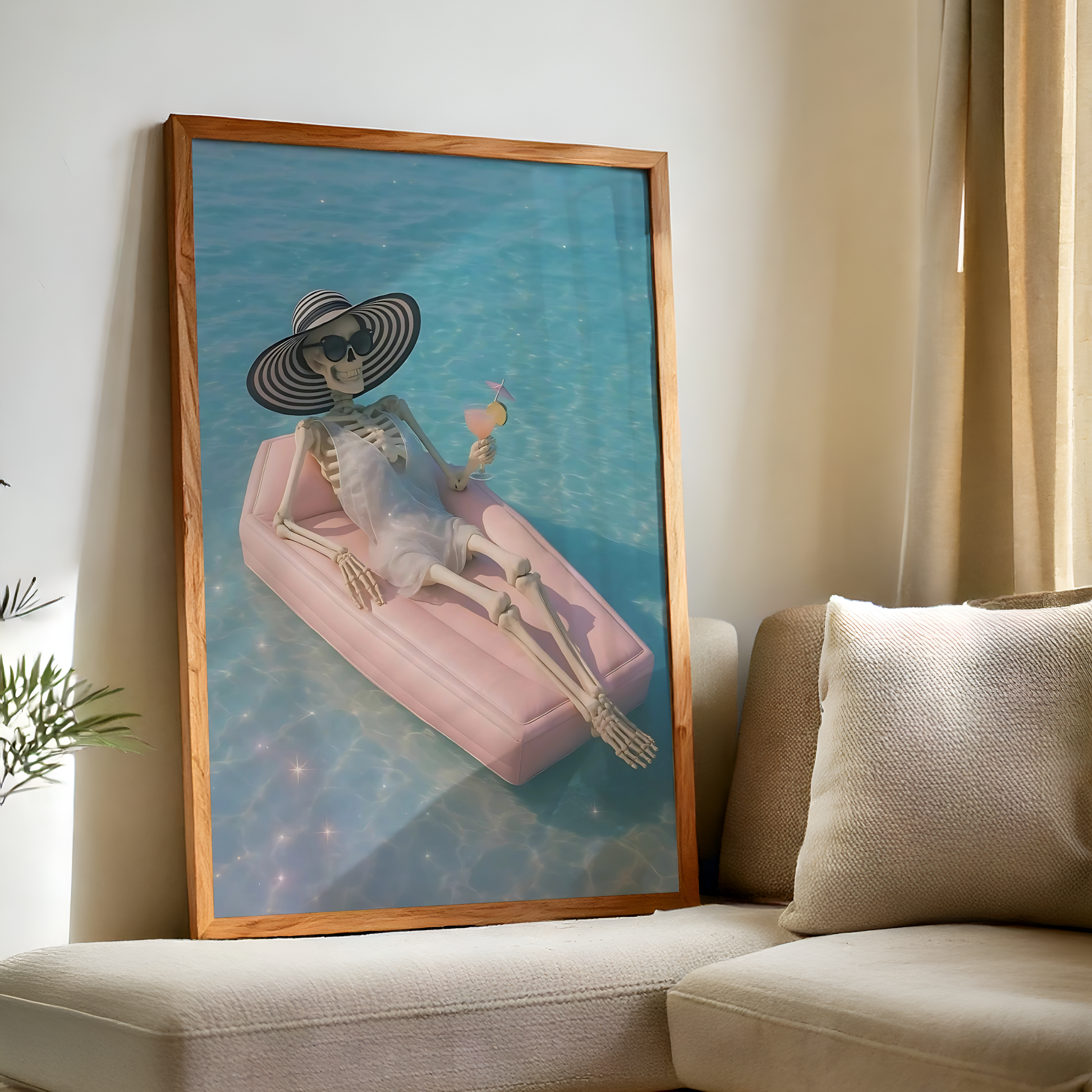 Retro Skeleton is Drinking Martini in a Pool Digital Print | Spooky Printable Photography Poster | Skull Wall Art for Blue Halloween Decor