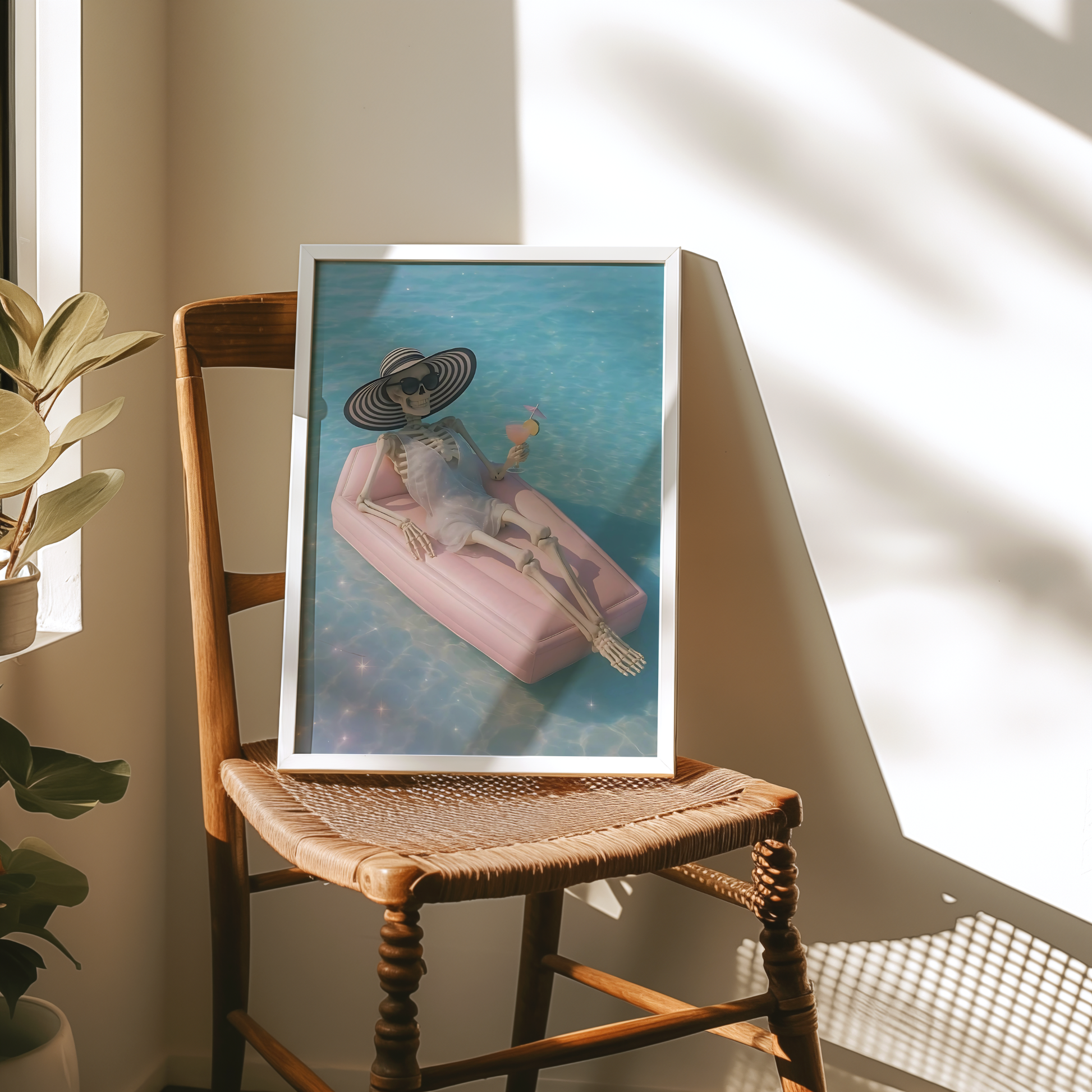 Retro Skeleton is Drinking Martini in a Pool Digital Print | Spooky Printable Photography Poster | Skull Wall Art for Blue Halloween Decor