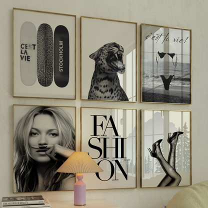 Stockholm Style Cool Black and White Cheetah Wall Art Set of 6 | Girly Y2k Fashion Poster | Trendy Aesthetic Prints for Bedroom Decor
