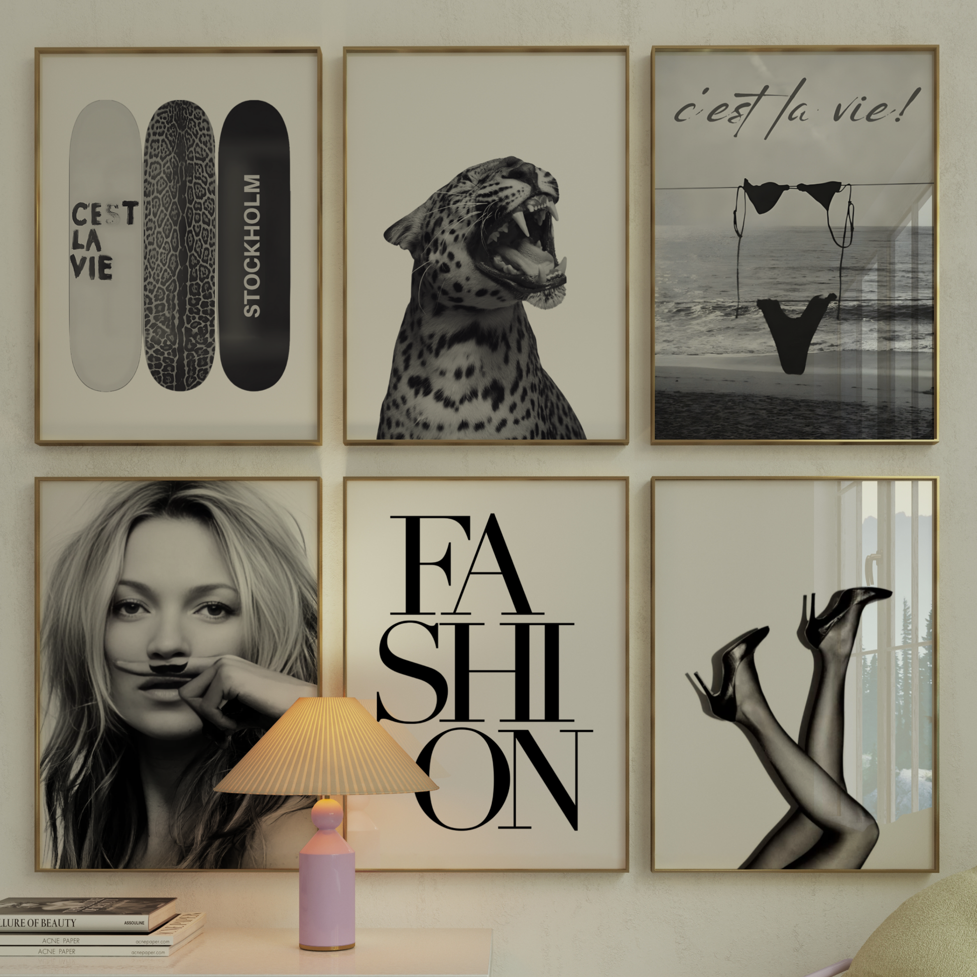Stockholm Style Cool Black and White Cheetah Wall Art Set of 6 | Girly Y2k Fashion Poster | Trendy Aesthetic Prints for Bedroom Decor