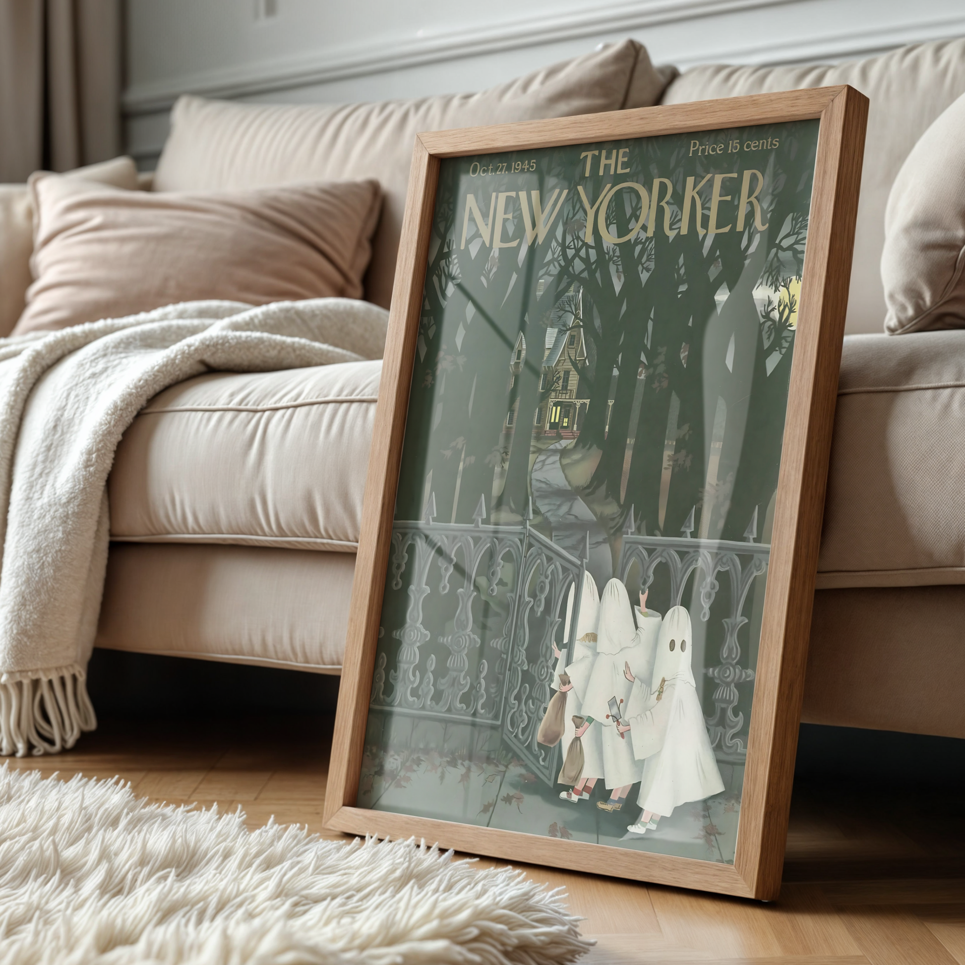 The New Yorker Magazine Cover Print October 27 1945 Issue | Retro Fall Halloween Ghosts Wall Art Poster for Vintage Farmhouse Bedroom Decor