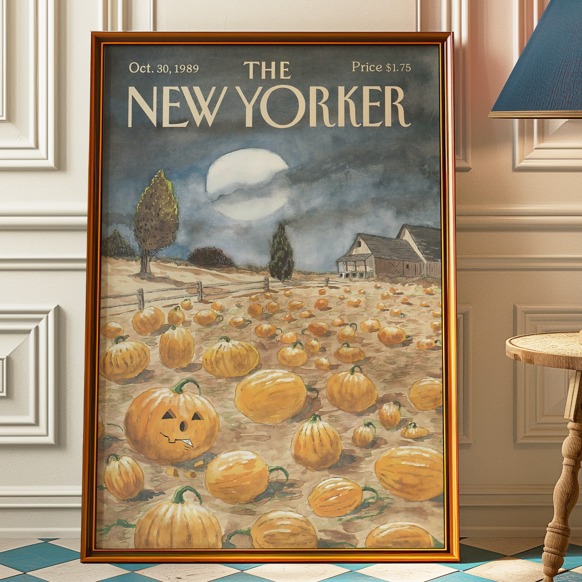 The New Yorker Magazine Cover Print October 30 1989 Issue | Retro Fall Halloween Pumpkin Wall Art Poster for Vintage Farmhouse Bedroom Decor