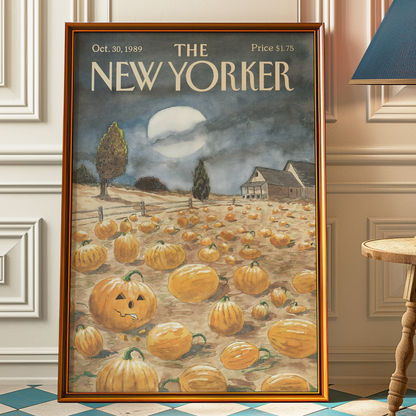 The New Yorker Magazine Cover Print October 30 1989 Issue | Retro Fall Halloween Pumpkin Wall Art Poster for Vintage Farmhouse Bedroom Decor
