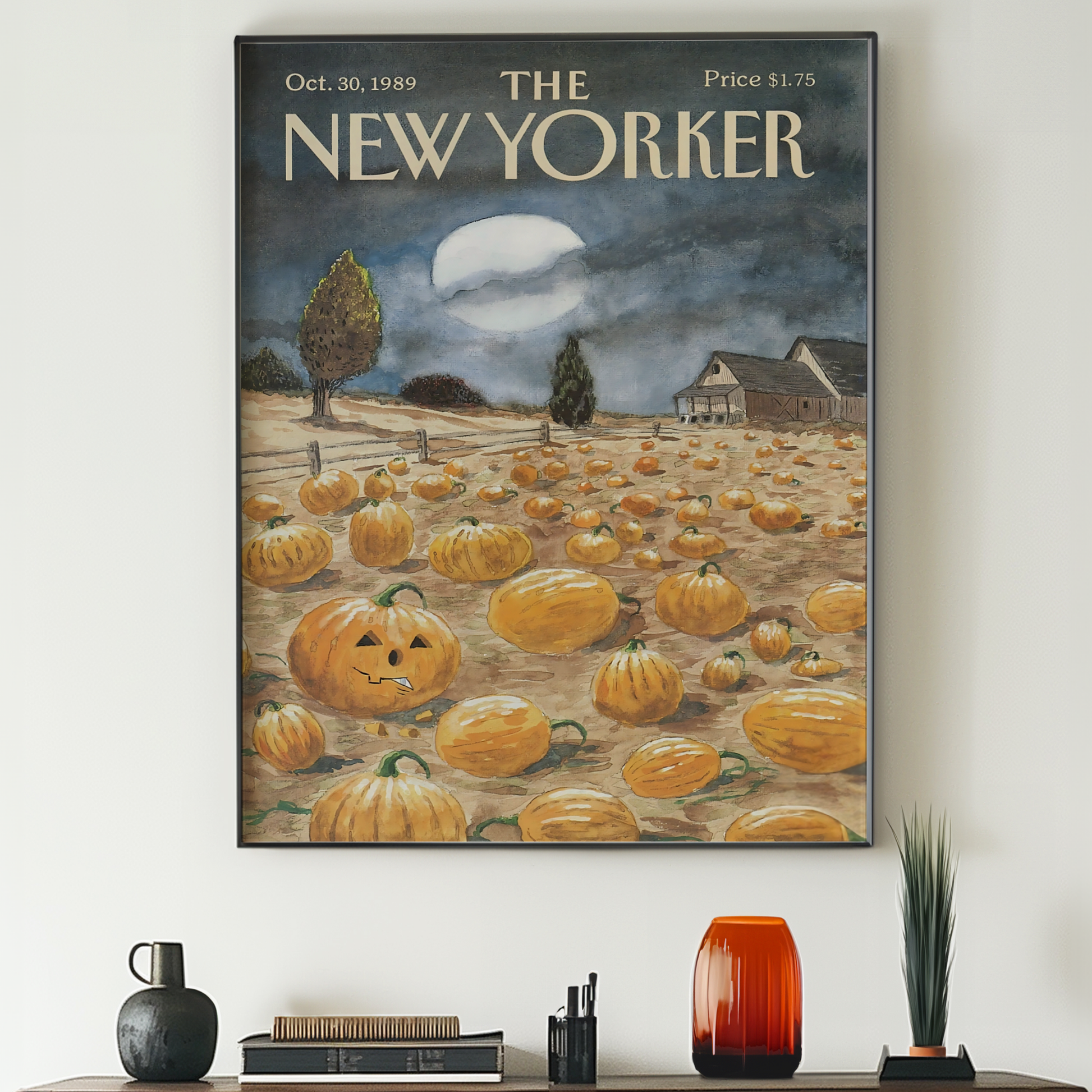 The New Yorker Magazine Cover Print October 30 1989 Issue | Retro Fall Halloween Pumpkin Wall Art Poster for Vintage Farmhouse Bedroom Decor
