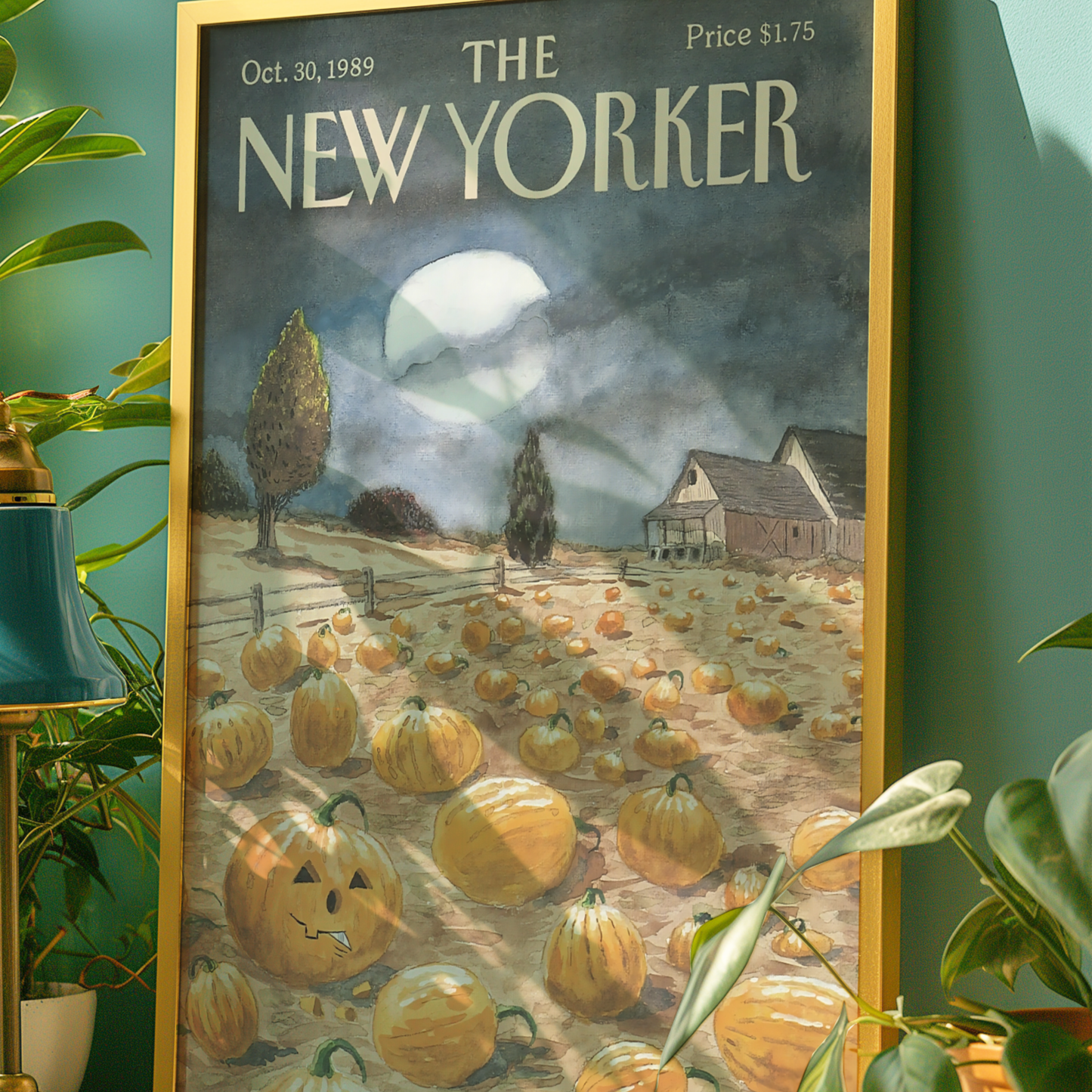 The New Yorker Magazine Cover Print October 30 1989 Issue | Retro Fall Halloween Pumpkin Wall Art Poster for Vintage Farmhouse Bedroom Decor